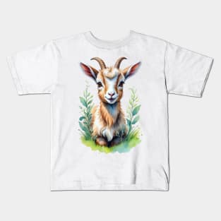 Pastoral Playmate: Watercolor Goat Portrait Kids T-Shirt